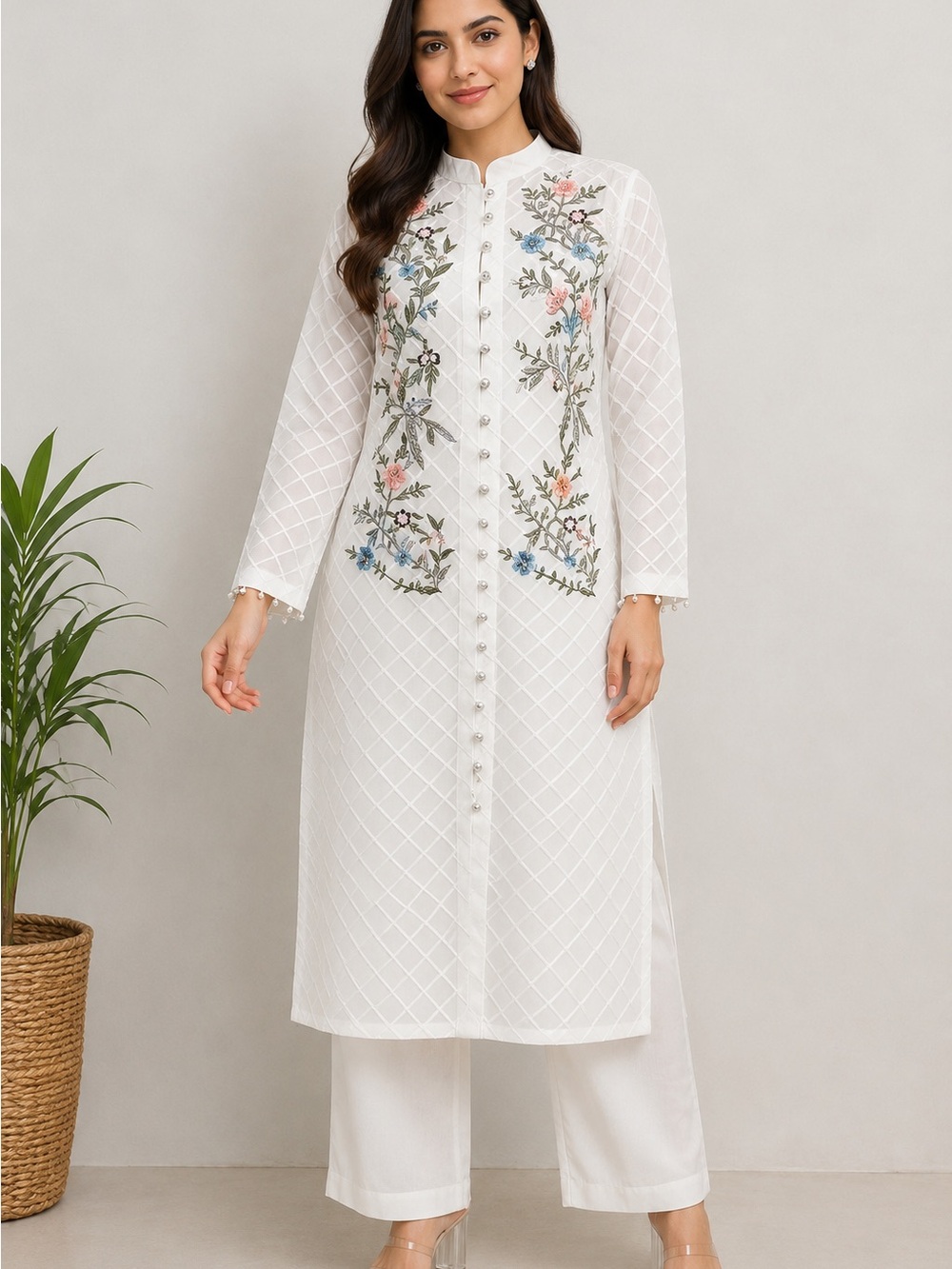 White Embroidered Long Kurta with Floral Detail